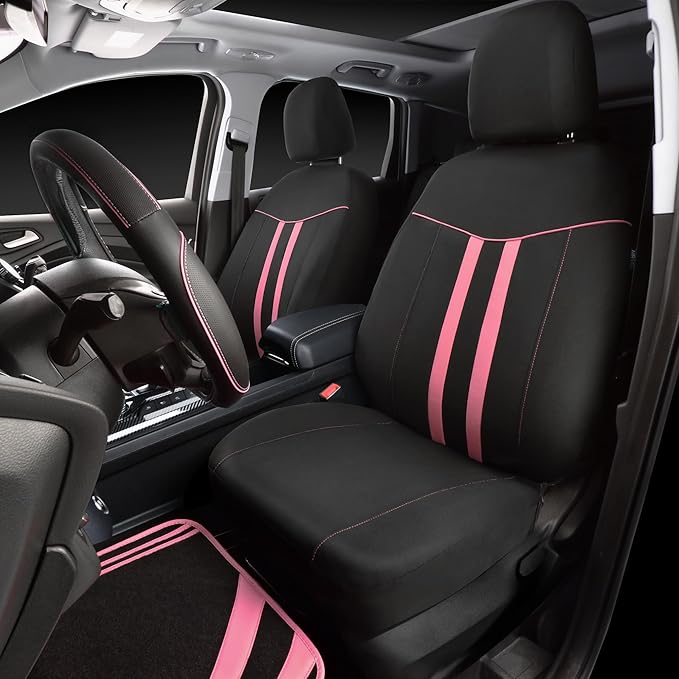 CAR PASS Car Seat Covers Full Set for Women Girls with Waterproof Car Floor Mats,Anti-Slip Leather Steering Wheel Cover,Universal Fit for SUVs,Vans,Trucks,Sedans,Cars (Combo Set,Black & Pink)