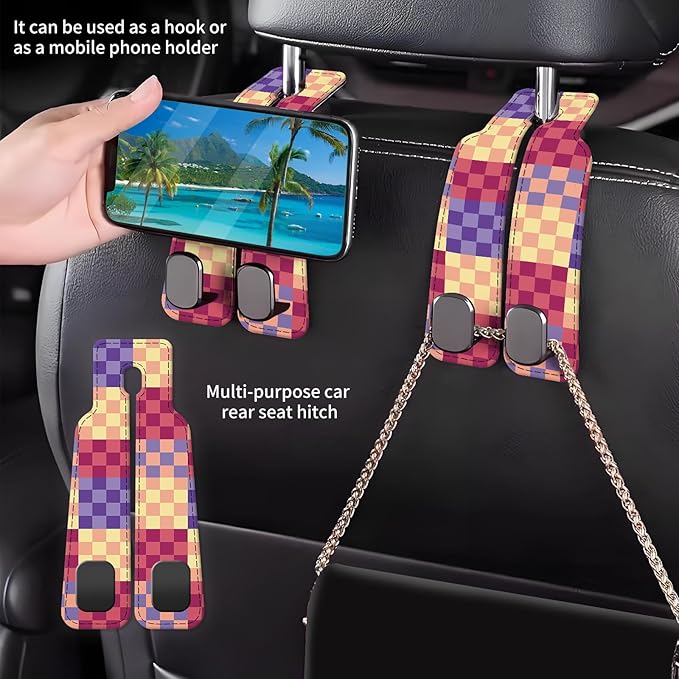 AXBSAKDI Car Seat Back Storage Headrest Hook, Premium Leather Double Metal Hook, Hanger Storage Organizer for Purse Cloth Bag, Car Interior Accessories Cute Colorful Plaid