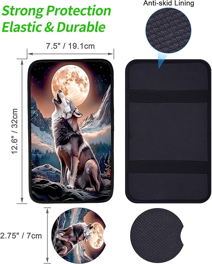 JANENFNA Car Armrest Cover Pads Universal Fashion Cute Auto Center Console Armrest Cover Pad with 2PCS Car Coasters Soft Waterproof Car Armrest Seat Protector for Women,Wolf Moon Howl-A