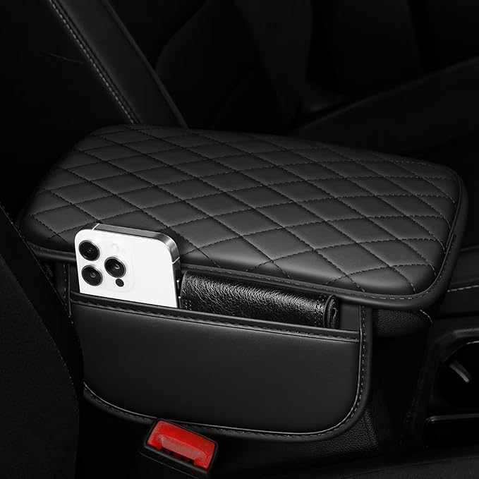 Upgraded Car Center Console Cover Fit for RAV4 Faux Leather Car Armrest Cover Cushion with 2 Storage Bags,Car Armrest Storage Box Interior Accessories(Black)