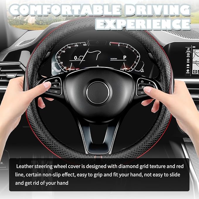 15 Inch Car Steering Wheel Cover,Breathable Leather Steering Wheel Cover Protector,Anti-Slip Universal Car 15 Inch Steerings Wheels Covers Cars Interior Accessories for Cars/SUVs