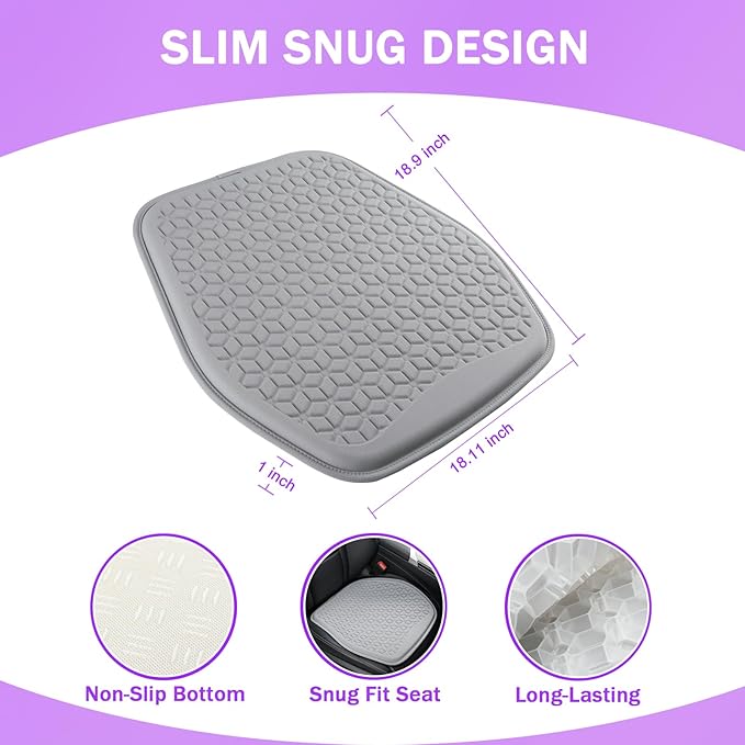 Thin Gel Seat Cushion for Car Seat, Office Chair, Wheelchair, Golf Cart - Non-Slip Car Seat Cushions with 0.7 Inch Gel - Sciatica & Coccyx Pain Relief (Fabric, Grey)