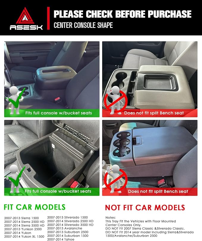 For 2007-2014 Full Console w/Bucket Seats Chevrolet Avalanche&Tahoe&Silverado 1500 2500HD 3500HD&Suburban/Sierra 1500 2500HD 3500HD&Yukon Center Console Organizer Tray ABS Materials