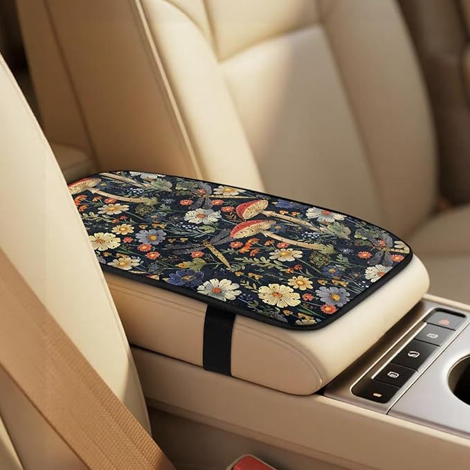 Qeluxign Mushroom Floral Car Seat Cover Set with Armrest Cover Cushion PU Automotive Car Cover and Seat Belt Shoulder Straps Pad, Universal Fit for Truck Sedan SUV, Pack of 5