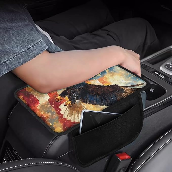 Dreaweet Center Console Cover American Flag Bald Eagle Design Arm Rest Cover for Car Soft Comfortable Center Console Cushion with Pockets Car Armrest Seat Box Cover Protector