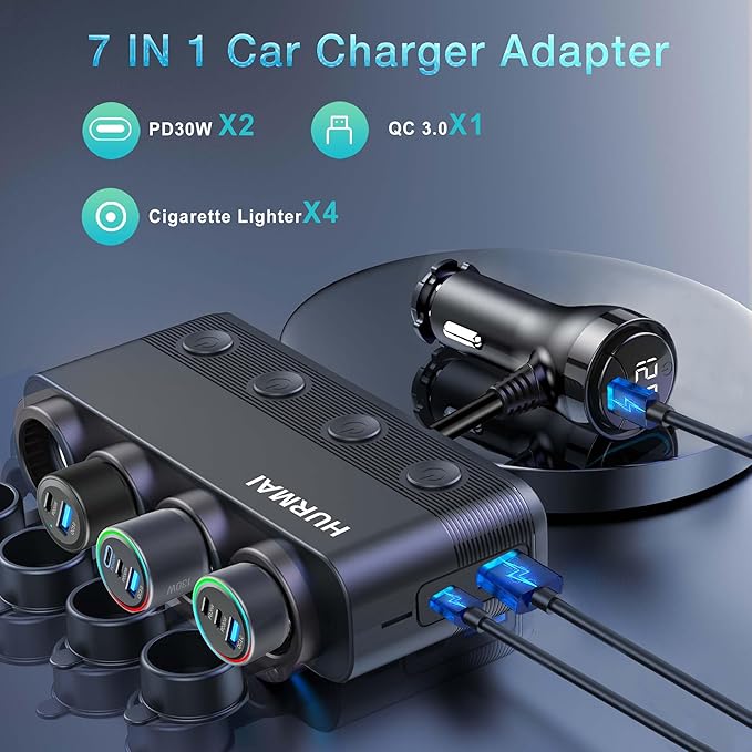 Cigarette Lighter Splitter Adapter 216W 4 Socket Heavy Duty Truck Car USB Chager Multi Port with PD30W/QC3.0 Charge USB C 12V/24V Independent Switches & Dust Cover & Waterproof for Car Devices