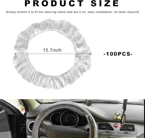 100 PCS Disposable Steering Wheel Cover, Plastic Clear Auto Steering Wheel Protector with Elastic Trims, Car Steering Protective Cover for Vehicle Oil Changes Body Shops