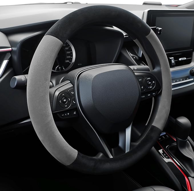 SEG Direct Car Steering Wheel Cover for Prius Civic Model 3 Model Y Camaro, Small Size 14-14.25 inch, Warm Plush, Summer Winter, Black and Gray