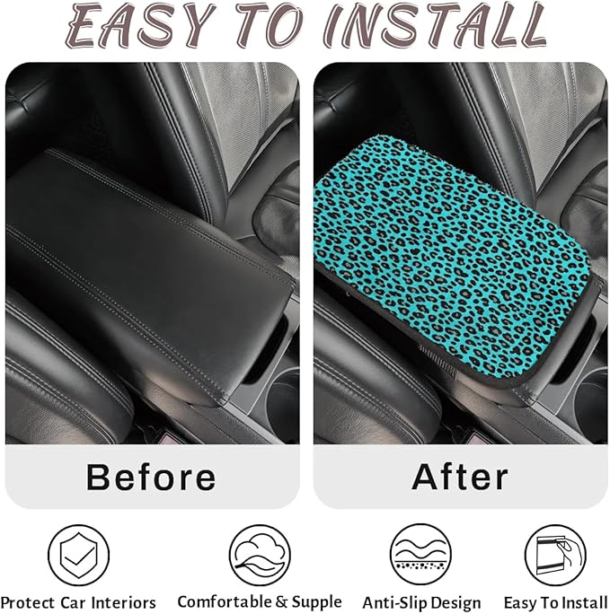 Turquoise Leopard Black Center Console Cover Pad Car Armrest Box Mat Truck Comfort Memory Foam Arm Rest Cushion Car Accessories Universal Fit 13x8 Inch