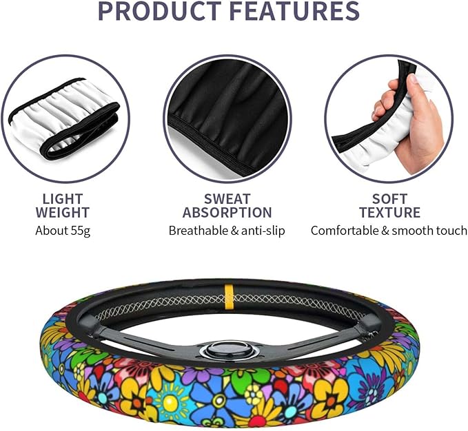 Hippie Flower Steering Wheel Cover Car Accessories Cute for Women Girls Girly Universal 15 Inch Neoprene Auto Interior Decor Anti Slip Car Truck Protector