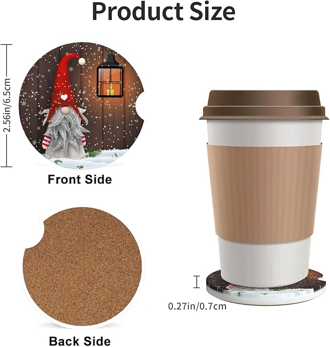 HUWAAI New Year Dwarf Christmas Car Cup Holder Coasters 2 Pack Universal 2.63 Inch Anti Slip Ceramic Absorbent Coaster with Cork Base and Finger Notch Cute Car Accessories Interior for Women