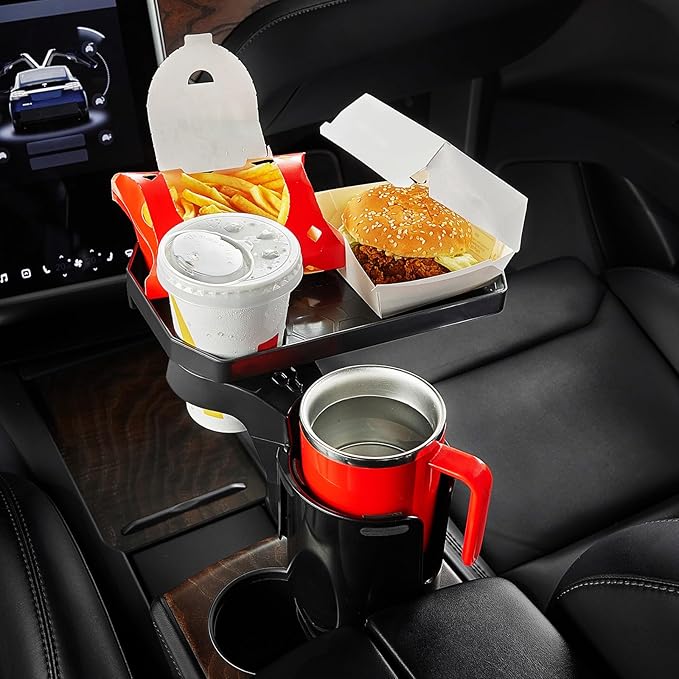 JoyTutus 2 Pack Cup Holder Tray for Car, Car Cup Holder Expander with 360°Rotation Tray, Large Cup Drink Holder Fit for Yeti/Hydro Flask, Detachable Food Tray Table, Road Trip Essentials
