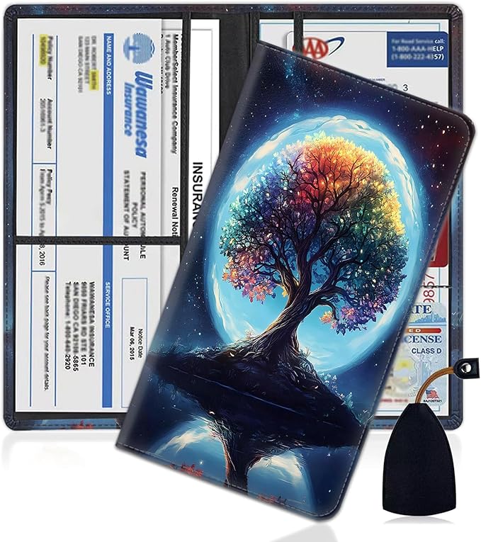Car Document Holder with Magnetic Shut, Car Registration and Insurance Card Holder, Vehicle Glove Box Organizer Documents, Driver License, Auto Paperwork Organizer Wallet, Colorful Cosmic Tree Pattern