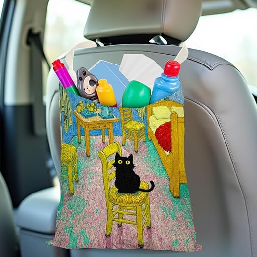 Pykfrhh Black Cat Car Trash Bag, Car Trash Bag Hanging, Funny Waterproof Cars Back Seat Hanging Organizer and Storage Trash Bags for Vehicle Travelling Camping