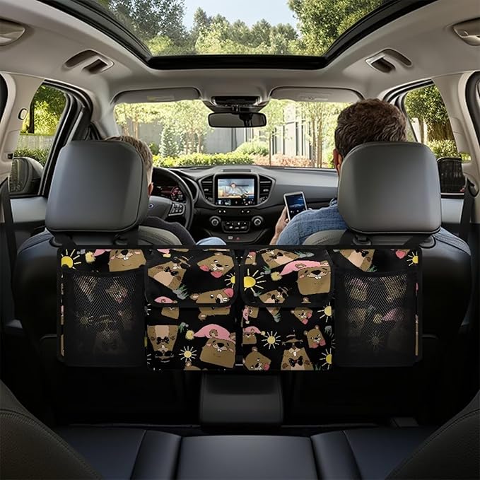 Cute Groundhog Back Seat Trunk Organizer Hanging Car Organizer Trunk Foldable Cargo Storage with 2 Large Storage Bag & 2 Mesh Pockets& 3 Adjustable Straps 37.01x11.81 inch