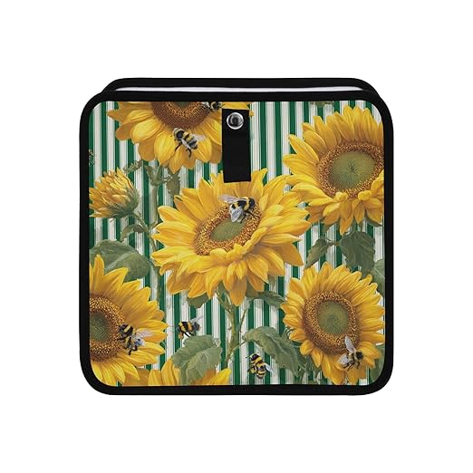Car Trash Can Organizer Bin with Adjustable Strap for Back Front Seat Console Waterproof Leakproof Collapsible Portable 11 Inch Green Striped Sunflowers and Honey Bees