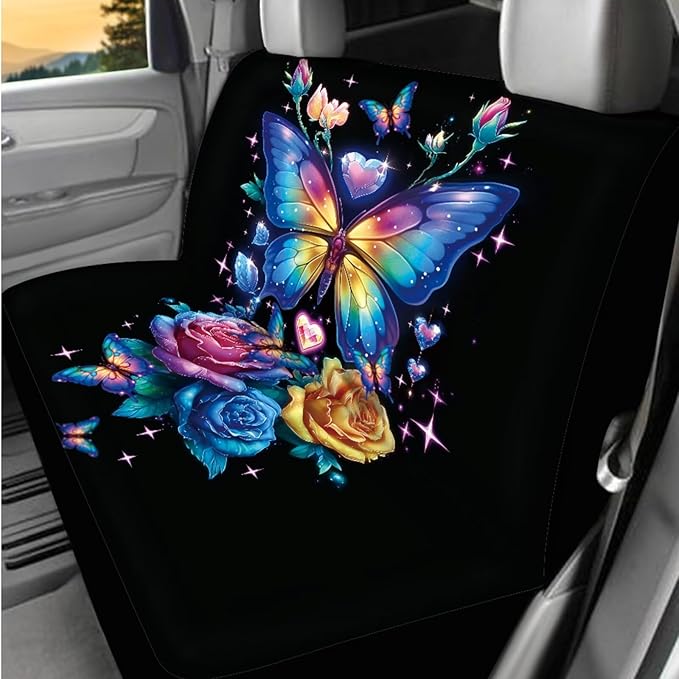 Dngkaoje Butterfly Car Seat Covers Full Set 13 Pack Women Auto Interior Seat Protective for Front and Rear Cute Butterfly Print Car Accessories for Ladies Girly Hanging Trash Bag,Seatbelt Pads