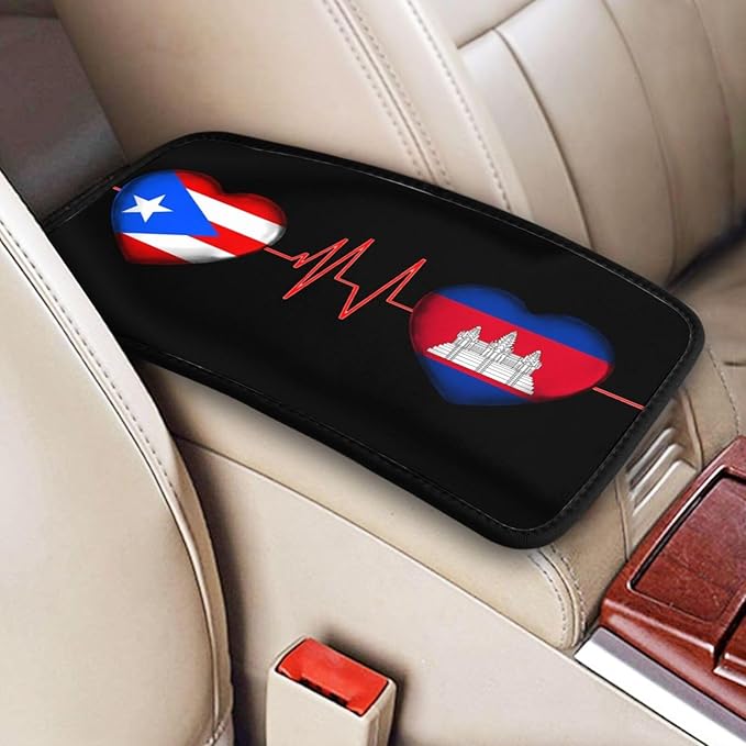 Auto Center Console Pad Puerto Rico Porto Rico Puerto Rican and Cambodian Flag Be of one Mind Car Armrest Cover Armrest Seat Handrail Box Cover Cushion Universal Decoration Protector Accessories