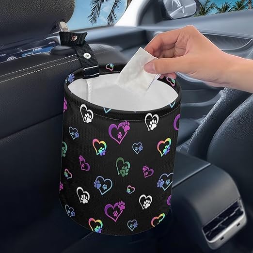 Colorful Dog Paw Heart Car Trash Bag, Car Trash Can - Cute, Portable, Collapsible for Back Seat, Floor, or Hanging Headrest Waste Basket