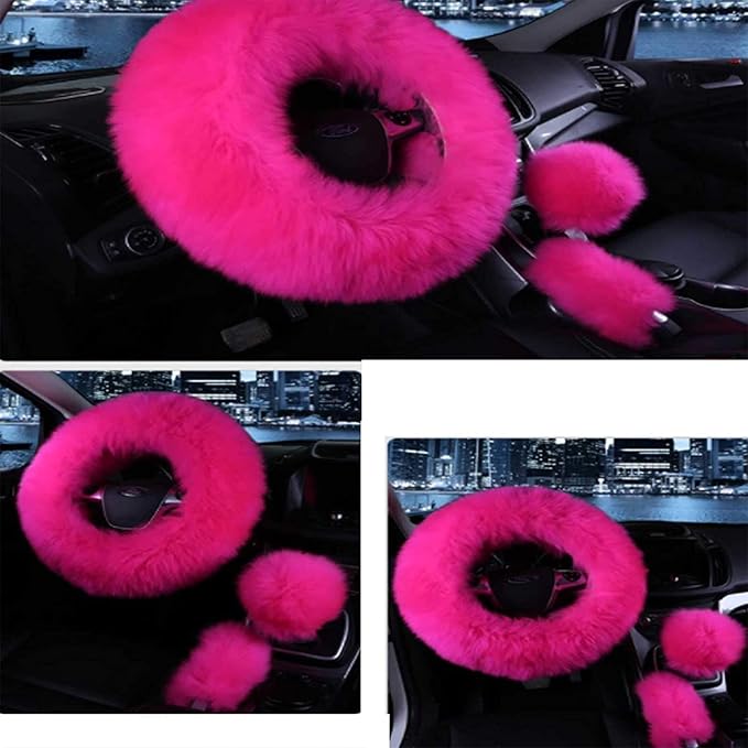 3 Pcs Car Steering Wheel Cover & Handbrake Cover & Gear Shift Cover Set Faux Wool Warm Winter (Rose Red)