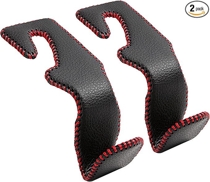 TISOHUGO Car Hook Back Seat Headrest Hooks Genuine Leather Hanger Storage Organizer for Handbag Purse Coat Fit Universal Vehicle, 2 Pack, Black&Red