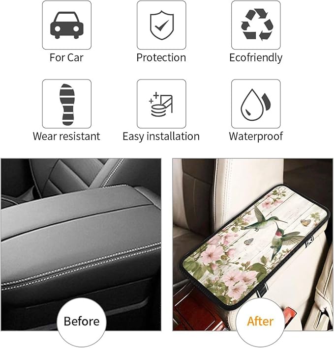 Hummingbird Center Console Cover Pad, Flower Butterfly Car Armrest Seat Box Cover Cushion Universal for Most Vehicle SUV Truck, Car Interior Accessories Decor, Protect from Pet Claws & Dirt