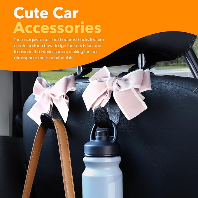 TISOHUGO Car Purse Hook, Cute Bow Hooks for Headrest - Leather U-Shaped Purse Holder for Car, Flexible Seat Back Organizer & Durable Vehicle Accessories for Bags, Coats & More (Black&Pink-2 Pack)