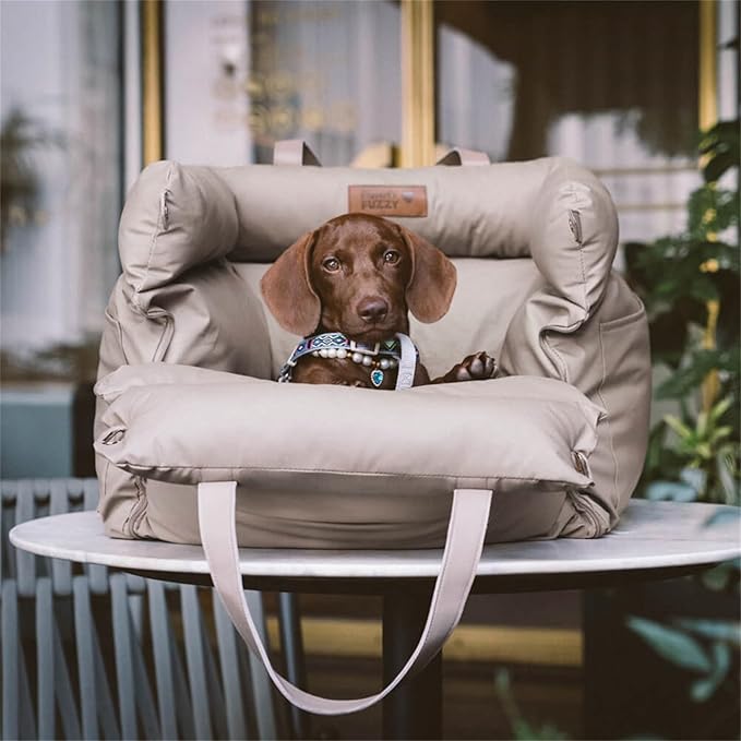 FUNNYFUZZY Leather Dog Car Seat for Small ＆ Medium Sized Dogs Up to 35lbs, Waterproof and Washable Dog Booster Seat Car Bed for Travel and Home,Portable and Safety(Beige)