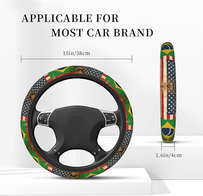 America Brazilian Flags Universal Fit Steering Wheel Cover for Car, Truck, and SUV, Durable Steering Wheel Protection
