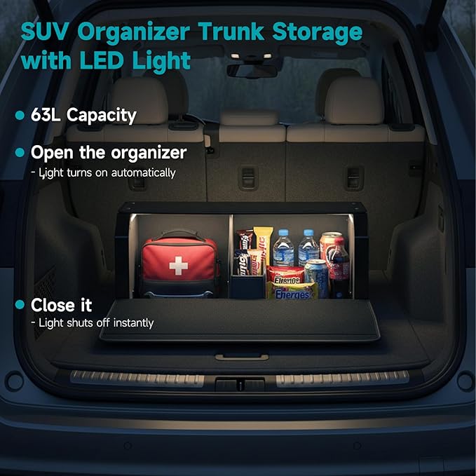 CarCrate Trunk Organizer SUV with Light, Trunk Storage Box with Light, Trunk Organizer with Magnetic Lid & Sturdy Handle, Waterproof Car Storage Powered by 4 AA Batteries(Batteries Not Included)