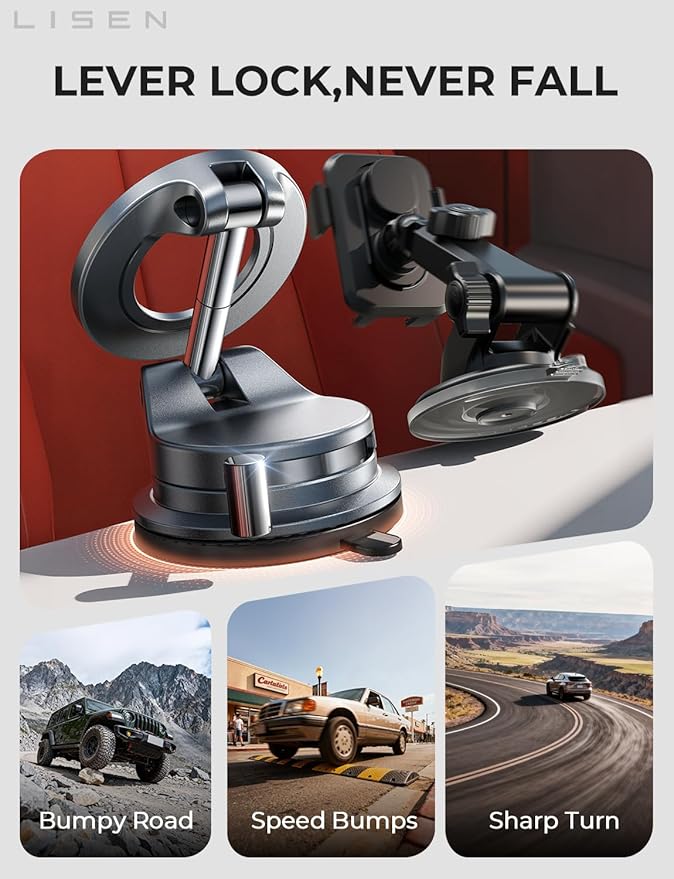 LISEN for Magsafe Car Mount, Magnetic Phone Holders for Your Car, Vacuum Phone Mount for Car Accessories for Women Men Jeep BMW, SuctionPro Gifts Kits, for iPhone 17 Pro Max 16 15 14