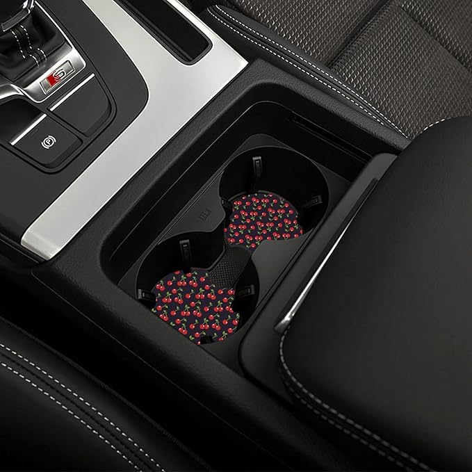 Cute Cherry Steering Wheel Cover for Women Men with 2 Pcs Car Coasters, 15 Inches Neoprene Anti-Slip Cute Universal Red Car Accessories Protective Cover for Vehicle