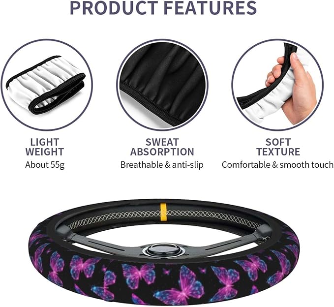 Purple Butterfly Steering Wheel Cover Elastic Non-Slip Car Steering Wheel Covers with Seat Belt Shoulder Pad For Women Men