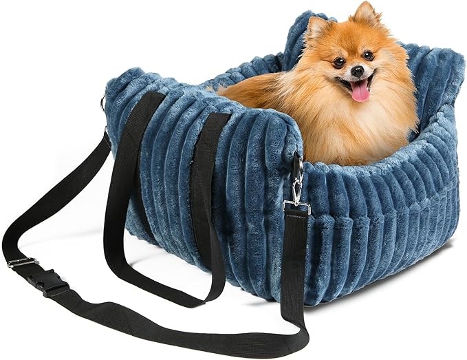 HOMLOVE Dog Car Booster Seat, for Small Dogs Under 30 lbs, Detachable Washable Travel Bed with Storage Pockets and Safety Belt (SOMKY Blue, Medium)