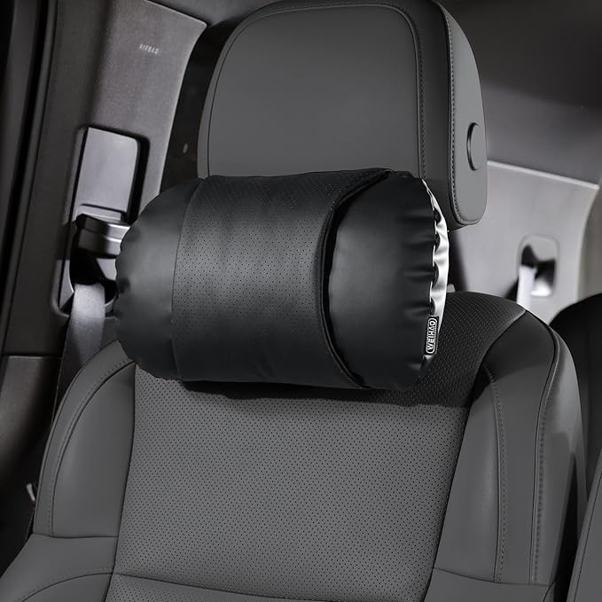 WEIHAO Car Neck Pillow with Adjustable Straps, Ergonomic Head Rest Pillow for Car Seat, Soft Leather Headrest Pillow Car Neck Support Pillow for Driving Office Gaming Chairs Neck Pillow (Black-1PC)