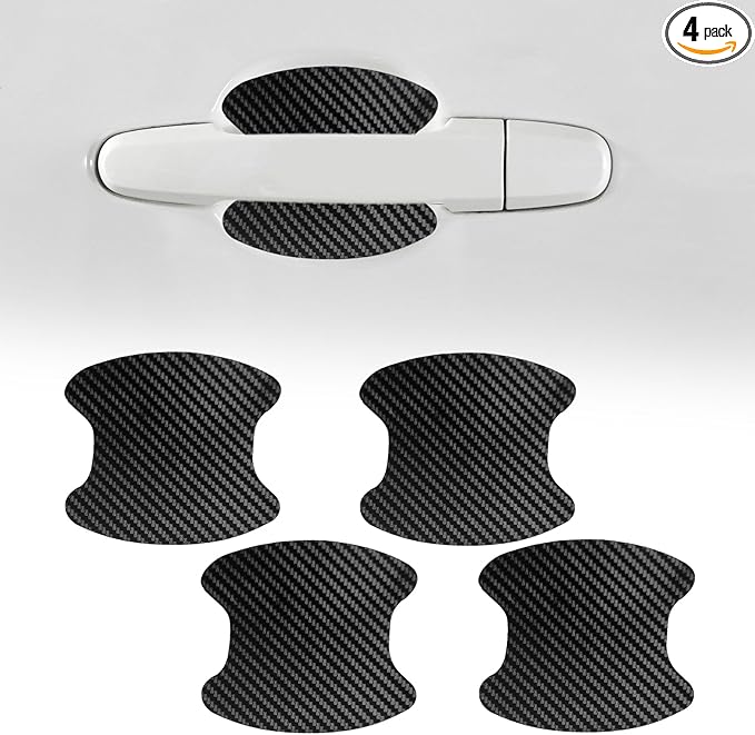 4PCS Car Door Handle Cup Scratch Protector, Carbon Fiber Self-Adhesive, Black, 9*10cm, Universal, Pull Handle, Sticker Attachment