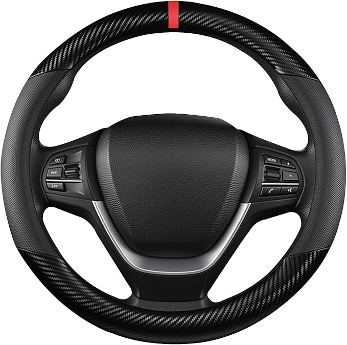 Black Carbon Fiber Leather Steering Wheel Cover, Microfiber Leather, Anti-Slip, Breathable, Universal Fit for 14.5–15 in Steering Wheel Cover for Men Women