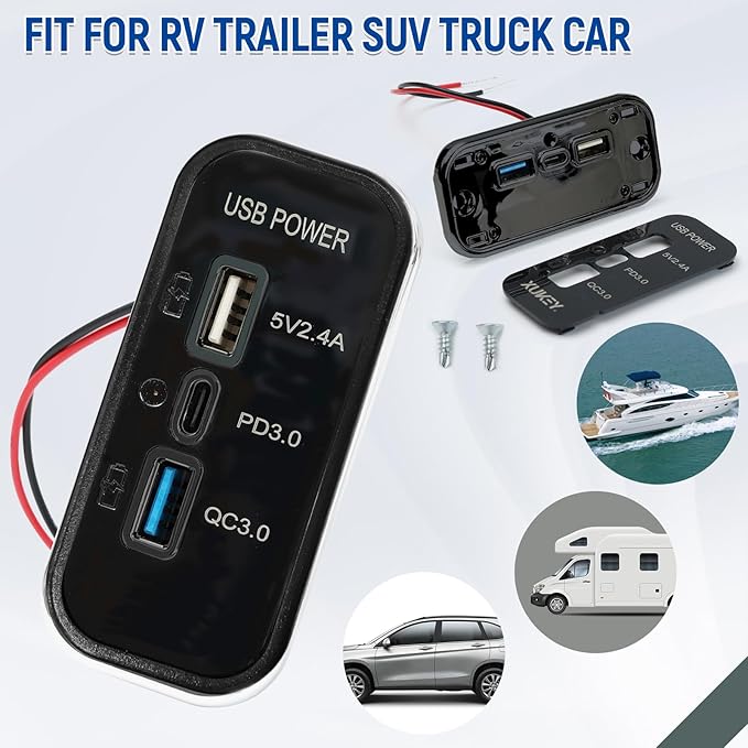 3 Ports 12V RV USB Outlet 45.5W, 2PCS PD3.0 Type-C Quick Charge & Dual USB A Port 3.1A Panel Wall Mount, Automotive Car Socket Charger Adapter for RV Marine Boat Bus ATV Motorcycle Truck, 2PCs Black