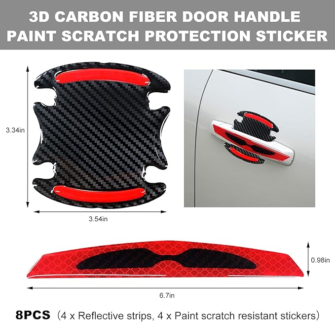 8PCS Car Door Handle Scratch Protector, 3D Carbon Fiber Car Door Handle Reflective Sticker Protective Film, Universal Auto Door Handle Scratch Paint Guard Night Visible Strip (Red)