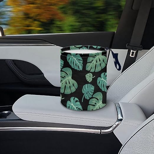 Brosoneto Tropical Palm Leaves Car Trash Can Collapsible Back Seat, Front Console, Floor, or Hanging Headrest Waste Basket - Car Garbage Accessory Portable Car Trash Can Car Decoration