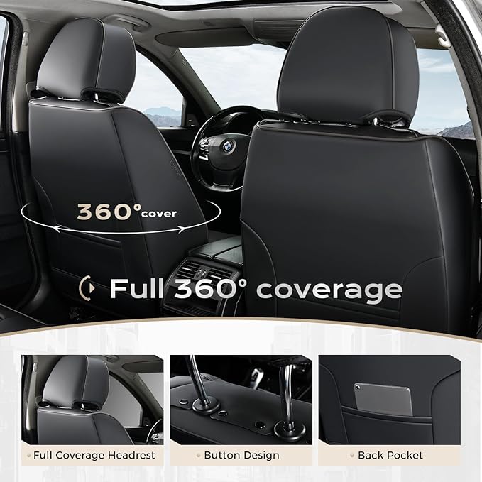 Coverado Car Seat Cover, Cover for Cars Front Seat, Premium Leather, Universal Fit Waterproof Seat Protectors, Car Seat Cushion Non-Slip for Most Cars-Black