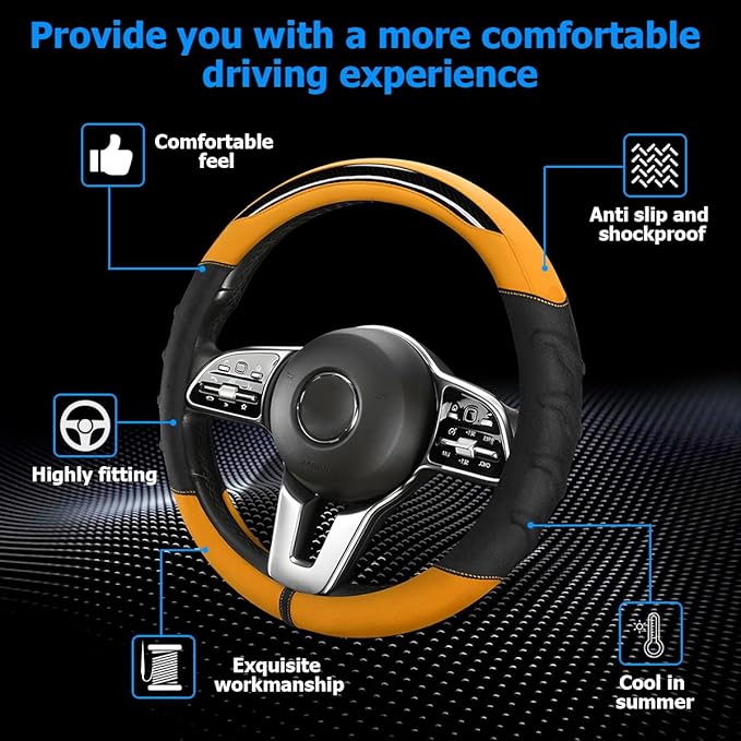 Car Steering Wheel Cover, Non-Slip Vehicle Steering Wheel Protector, Automotive Interior Accessories for Women Men, 15 Inch Universal for SUV, Truck, RV, Van and More（Black/Orange）