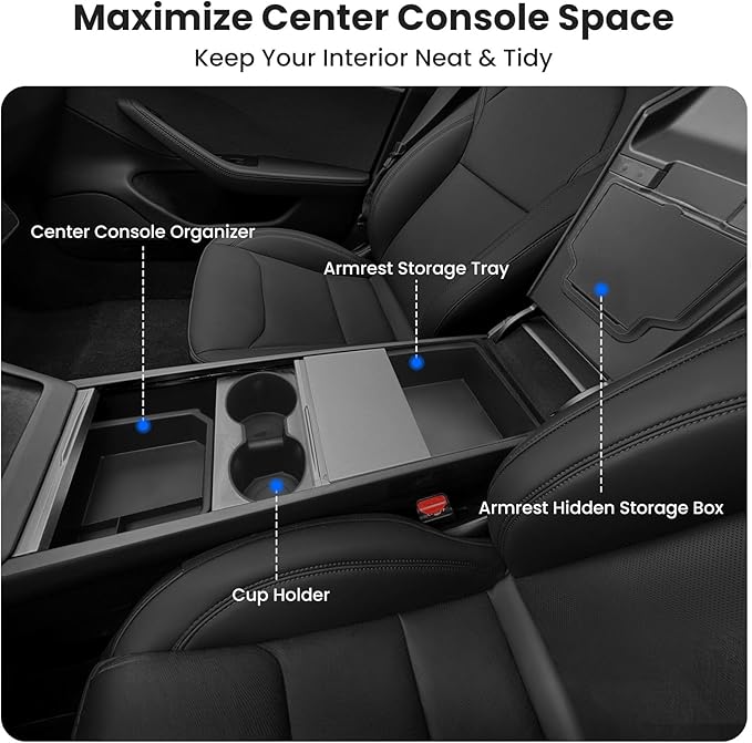4Pcs Center Console Organizer Tray for Tesla Model 3 Highland 2024 2025 and Model Y Juniper 2025 2026 Accessories, Cup Holder Insert for New Model Y, Armrest Hidden Storage Box for New Model 3