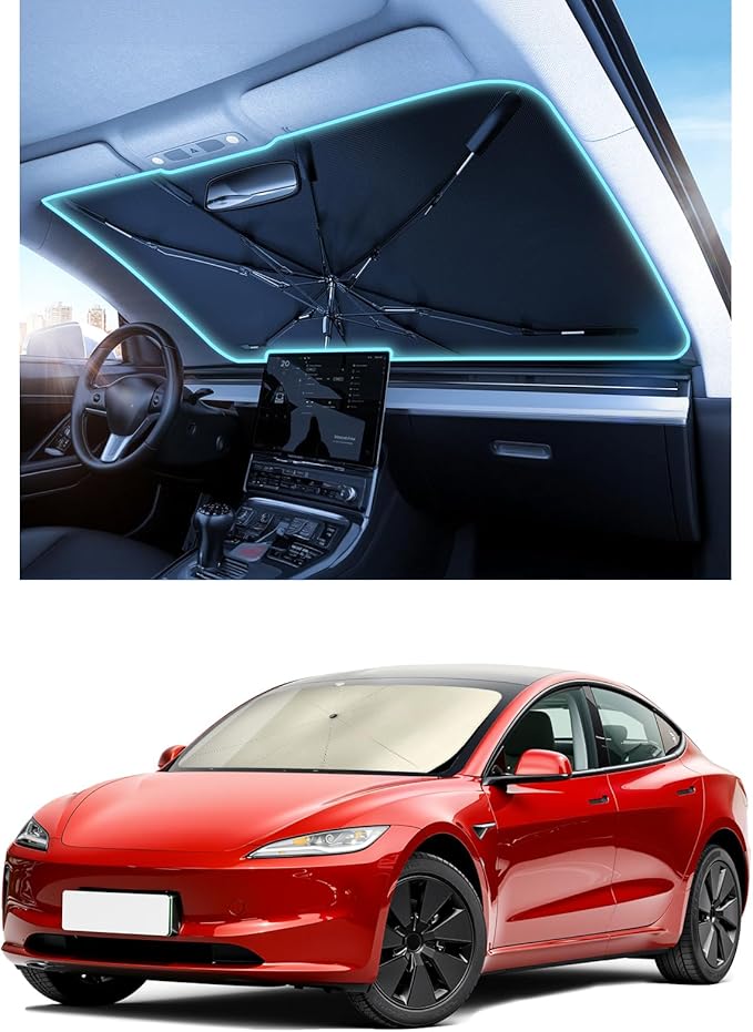 Nmoiss Windshield Sun Shade Umbrella – Custom-Fit for Model 3 (2017–2025), Vinyl Coating Heat Shield, 99% UV Blocking, Protects Touchscreen & Interior, Ice Crystal Cooling Material