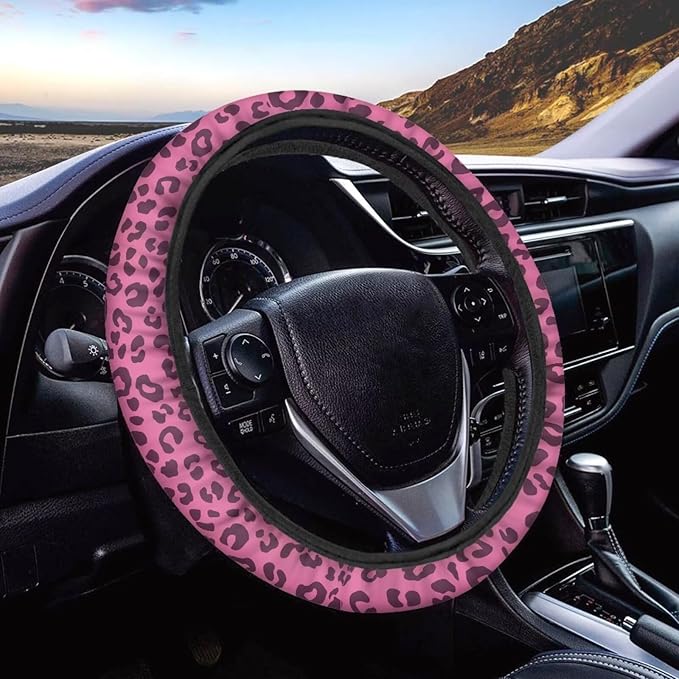 Universal Non-Slip Steering Wheel Cover, 15-inch Polyester Material Driving Accessories, Adjustable for Car and Truck(Rose Pink Leopard)