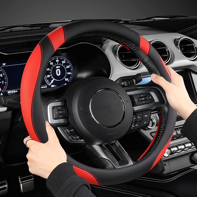 West Llama Car Steering Wheel Cover for Ford Escape,Explorer,Fusion,Focus,Bronco,Transit,Edge(Black+Red- Standard Size)