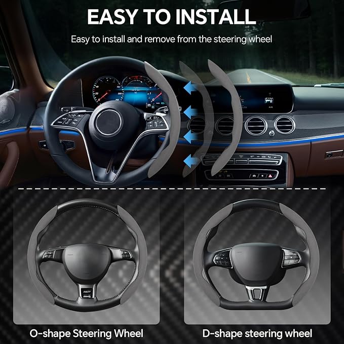 PAUUOOA 2 Piece Alcantara Steering Wheel Cover - Split Sport Design for D & O Shape Wheels, Soft Touch · Anti-Slip Grip · All Season Comfort · Durable Luxury Material for Performance Cars