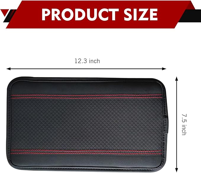 Hugwits Car Center Console Armrest Pad, 7.48" x 12.6" Leather Waterproof Armrest Box Mat with Straps, Wear-Resistant Car Center Console Seat Box Cover, Universal for Most Cars (Red Stitching)