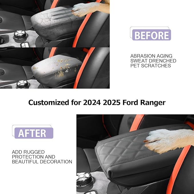Center Console Cover Compatible with 2024 2025 Ford Ranger Accessories 2025 Ranger XL/XLT/Lariat/Raptor Armrest Console Cover Soft Leather,Thick Black