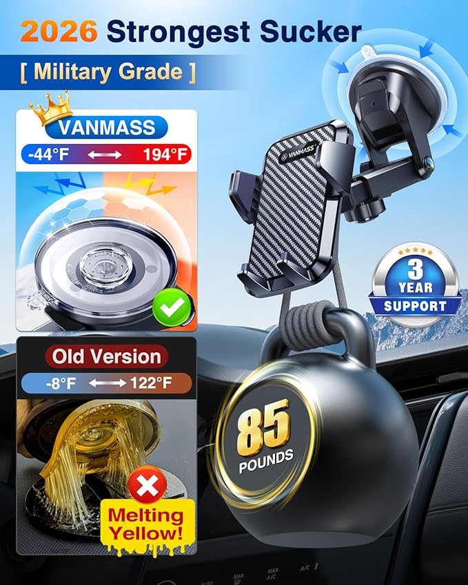 VANMASS【85+LBS Strongest Suction & Military-Grade Ultimate Car Phone Mount【Patent & Safety Certs】 Cell Phone Holder Truck for Dashboard Windshield Vent for iPhone 17 Pro Max 16 Samsung Camera Mounts